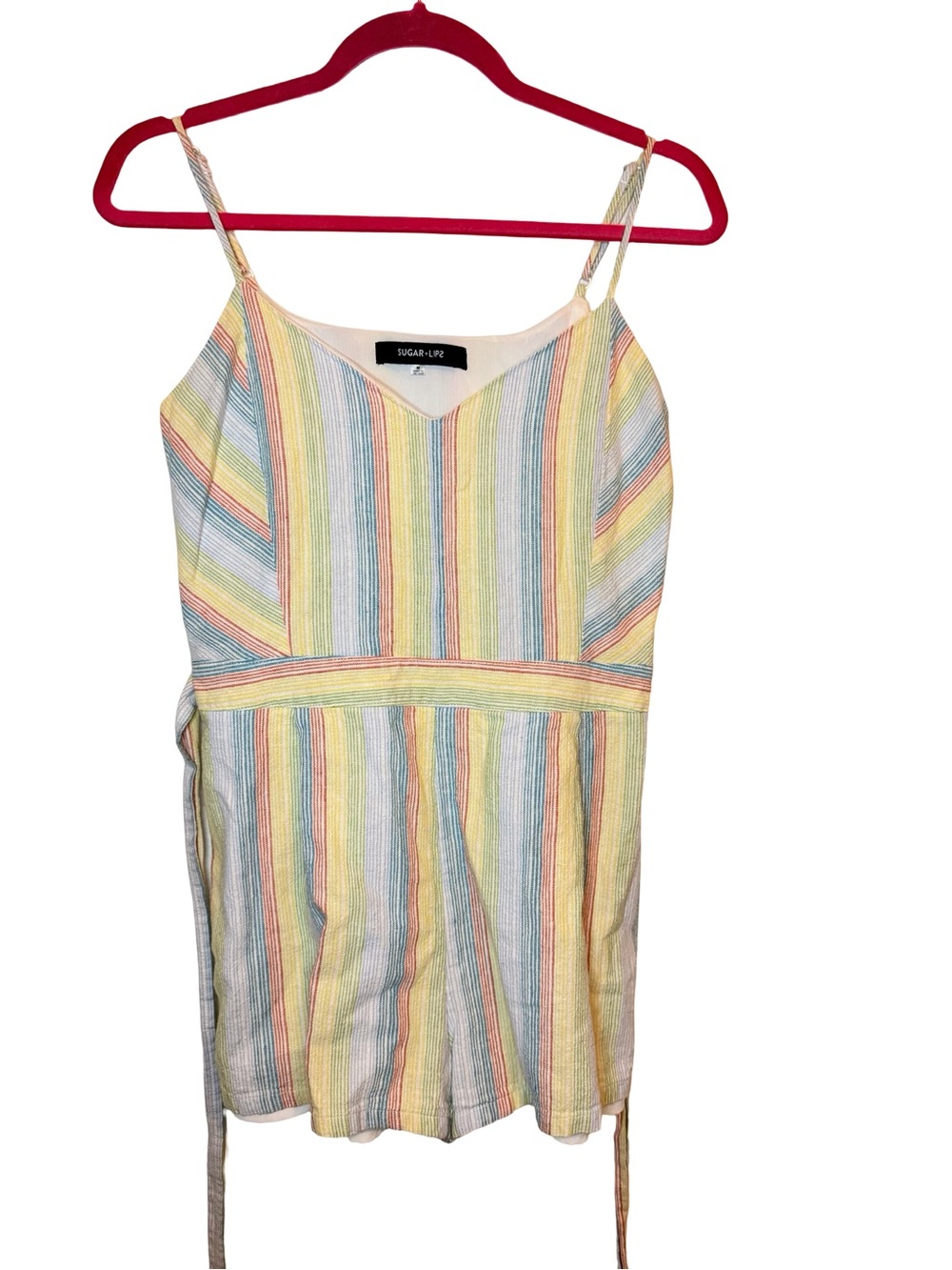 Sugarlips Striped Linen Romper Medium Rainbow Tie Waist Summer Vacation Medium - Picture 4 of 8